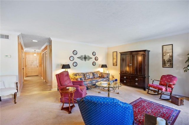 living room with crown molding and light colored carpet