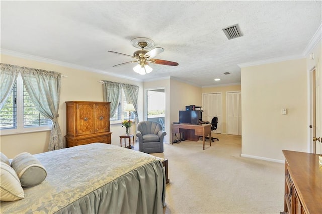 bedroom with ceiling fan, light colored carpet, multiple windows, and ornamental molding