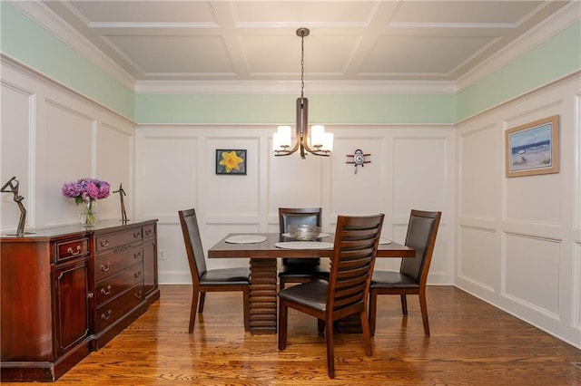 2025 Eagle Rdg, Roswell, GA 30076 - dining room featuring a decorative wall, a chandelier, dark wood finished floors, and crown molding