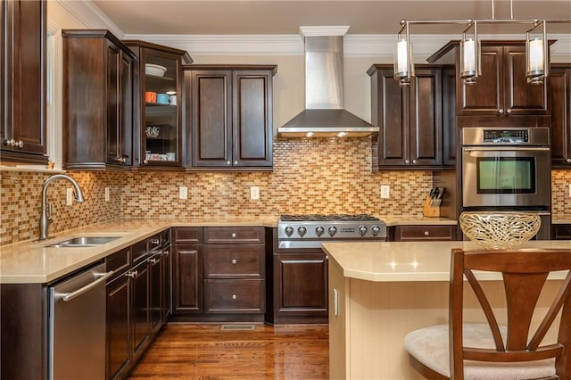 2025 Eagle Rdg, Roswell, GA 30076 - kitchen featuring stainless steel appliances, a sink, wall chimney range hood, dark brown cabinets, and light countertops