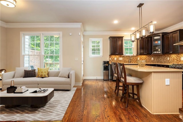 2025 Eagle Rdg, Roswell, GA 30076 - living room featuring ornamental molding, dark wood-style floors, and baseboards
