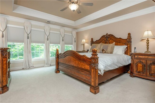 2025 Eagle Rdg, Roswell, GA 30076 - carpeted bedroom featuring crown molding, a raised ceiling, and a ceiling fan