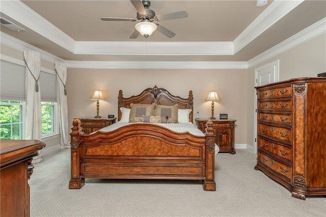 2025 Eagle Rdg, Roswell, GA 30076 - bedroom featuring a raised ceiling, light carpet, ornamental molding, and a ceiling fan