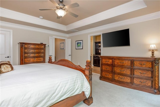 2025 Eagle Rdg, Roswell, GA 30076 - bedroom featuring carpet, a raised ceiling, ornamental molding, and ceiling fan