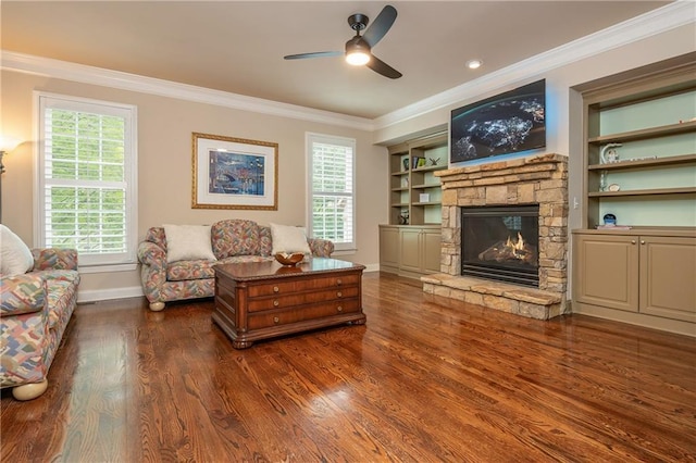 2025 Eagle Rdg, Roswell, GA 30076 - living room featuring ornamental molding, a fireplace, ceiling fan, baseboards, and wood finished floors
