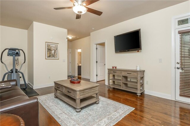 2025 Eagle Rdg, Roswell, GA 30076 - living room with ceiling fan, dark wood-style floors, and baseboards