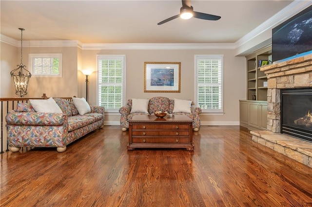 2025 Eagle Rdg, Roswell, GA 30076 - living room featuring wood finished floors, baseboards, crown molding, a ceiling fan, and a fireplace