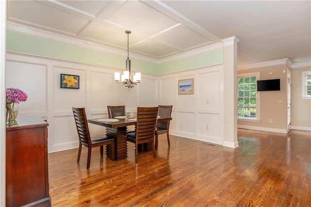 2025 Eagle Rdg, Roswell, GA 30076 - dining space featuring a decorative wall, wood finished floors, a chandelier, and ornamental molding