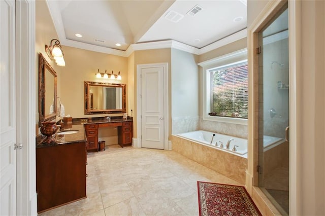 bathroom with vanity, separate shower and tub, and ornamental molding