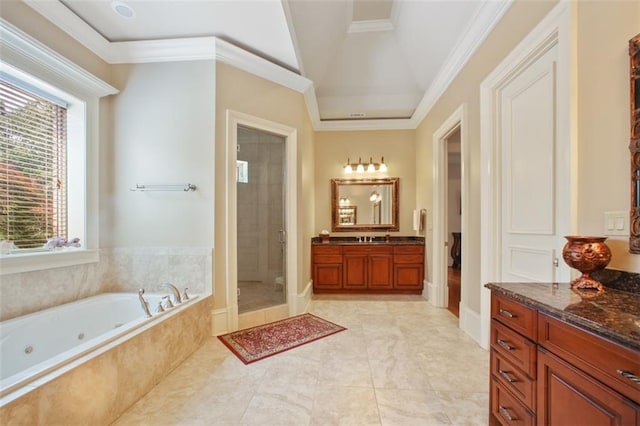 full bathroom featuring shower with separate bathtub, vanity, toilet, and ornamental molding