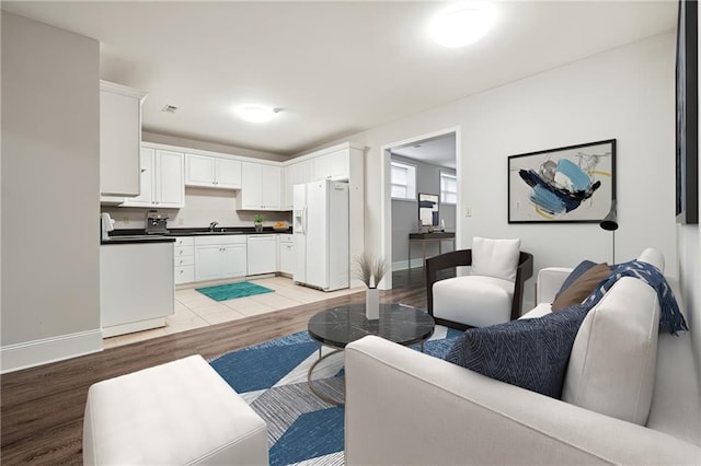 living room featuring light hardwood / wood-style flooring and sink