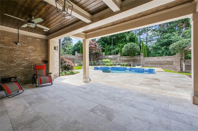 view of patio featuring ceiling fan and a fenced in pool