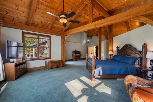 bedroom featuring wood ceiling, beamed ceiling, light carpet, high vaulted ceiling, and ceiling fan