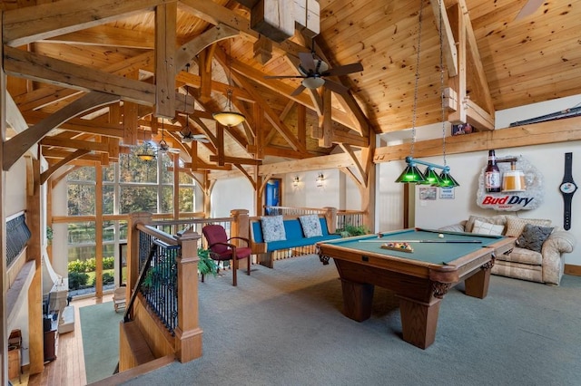 game room featuring wood ceiling, beamed ceiling, high vaulted ceiling, billiards, and light colored carpet