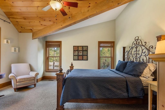 carpeted bedroom featuring ceiling fan, lofted ceiling with beams, wooden ceiling, and multiple windows