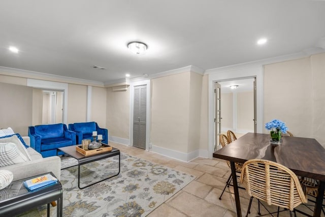 490 Rock Springs Rd NE, Atlanta, GA 30324 - living room featuring recessed lighting, baseboards, visible vents, and ornamental molding