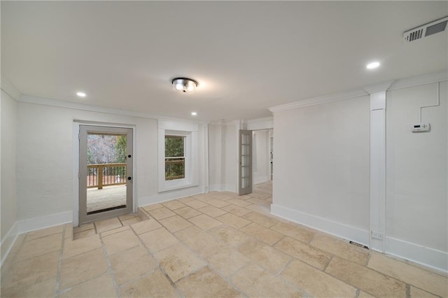 unfurnished room with stone tile floors, recessed lighting, visible vents, ornamental molding, and baseboards