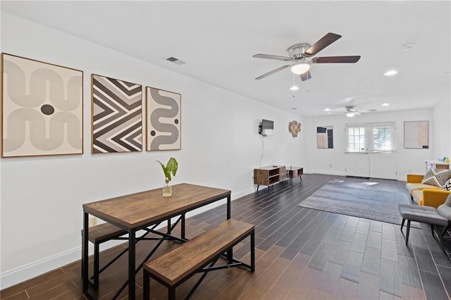sitting room with a ceiling fan, baseboards, recessed lighting, and dark wood-style floors