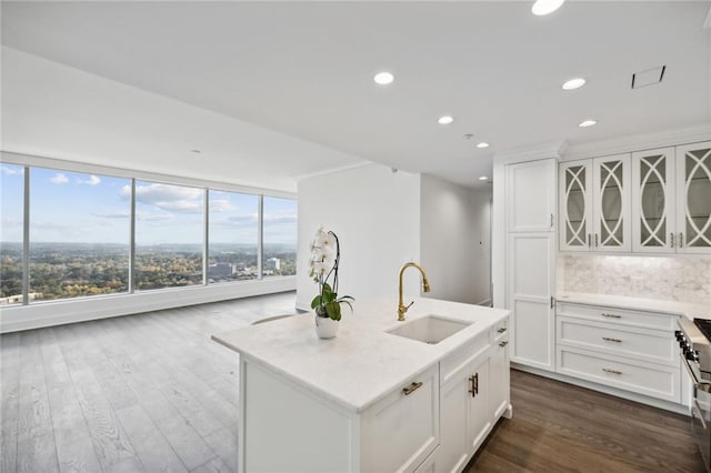 kitchen featuring an island with sink, white cabinets, sink, and dark wood-type flooring