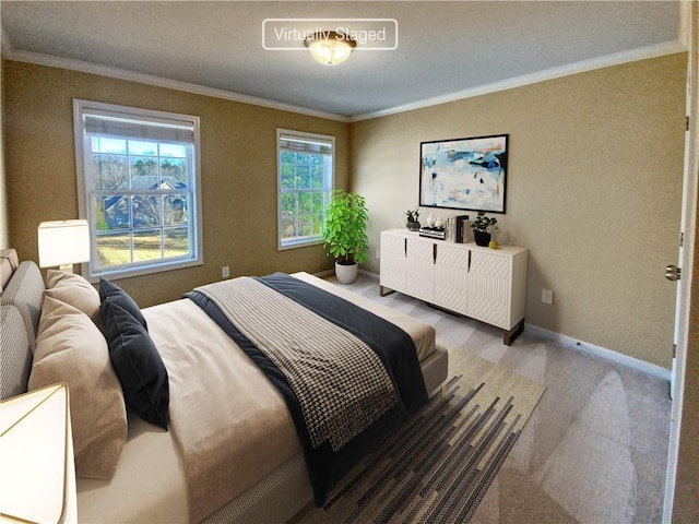 bedroom featuring light carpet and ornamental molding