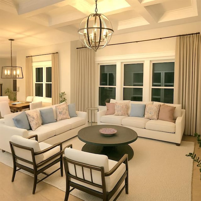 6355 Westfallen Overlook, Cumming, GA 30040 - living room featuring beamed ceiling, a notable chandelier, and coffered ceiling
