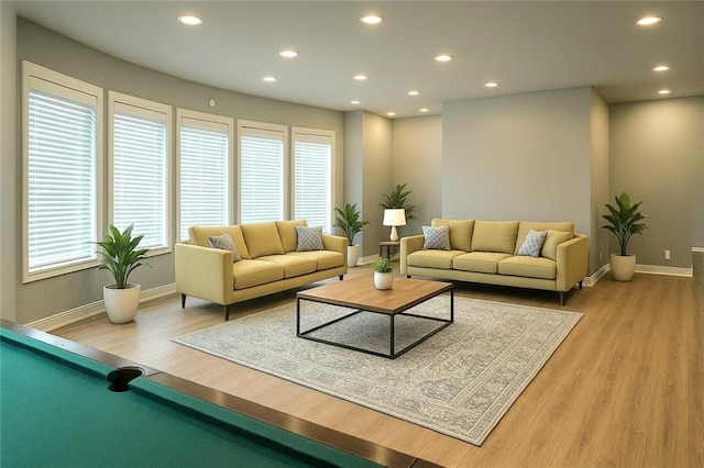 6355 Westfallen Overlook, Cumming, GA 30040 - living room featuring baseboards, pool table, light wood-style flooring, and recessed lighting