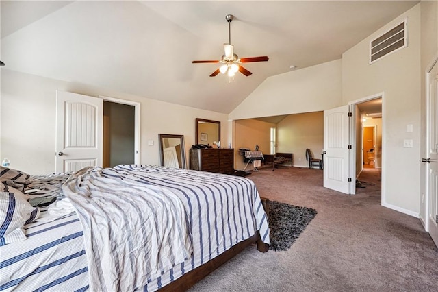 bedroom featuring ceiling fan, high vaulted ceiling, and carpet floors