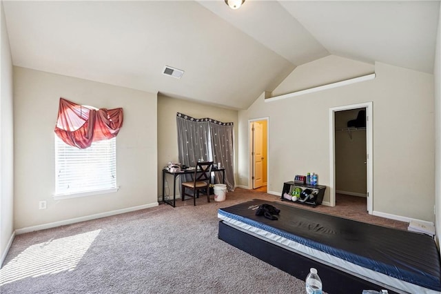 exercise area with carpet and vaulted ceiling