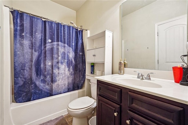 full bathroom featuring vanity, shower / tub combo with curtain, and toilet