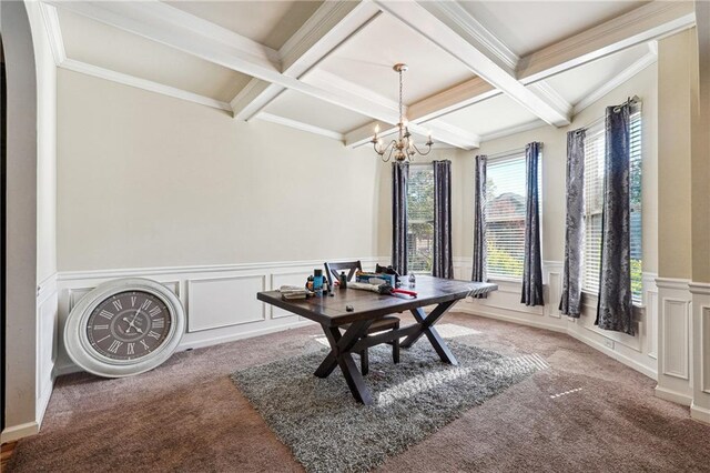 carpeted office space featuring crown molding, coffered ceiling, beamed ceiling, and an inviting chandelier