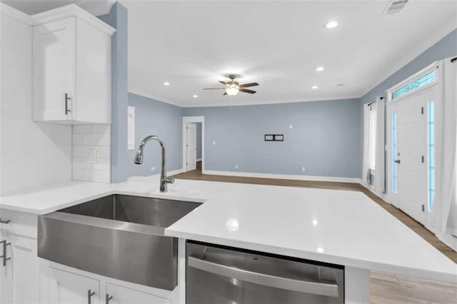 170 Early Sundown Rd, Clarkesville, GA 30523 - kitchen featuring stainless steel dishwasher, light countertops, light wood finished floors, recessed lighting, and white cabinetry