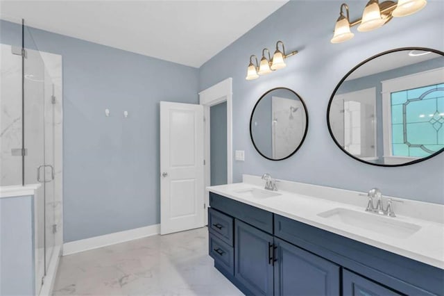 170 Early Sundown Rd, Clarkesville, GA 30523 - full bathroom with marble look tile flooring, double vanity, and a marble finish shower
