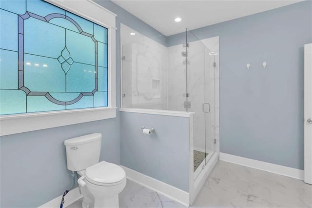 170 Early Sundown Rd, Clarkesville, GA 30523 - bathroom with marble finish flooring, a stall shower, and recessed lighting