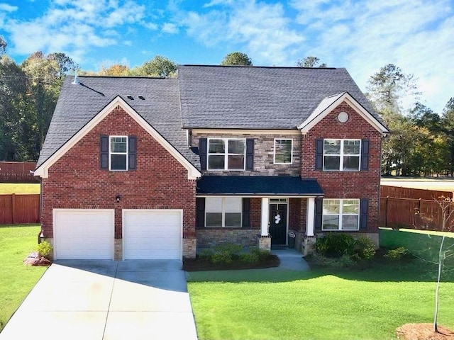 799 Blue Juniper Cir, Loganville, GA 30052 - view of front of property with an attached garage, concrete driveway, roof with shingles, brick siding, and stone siding