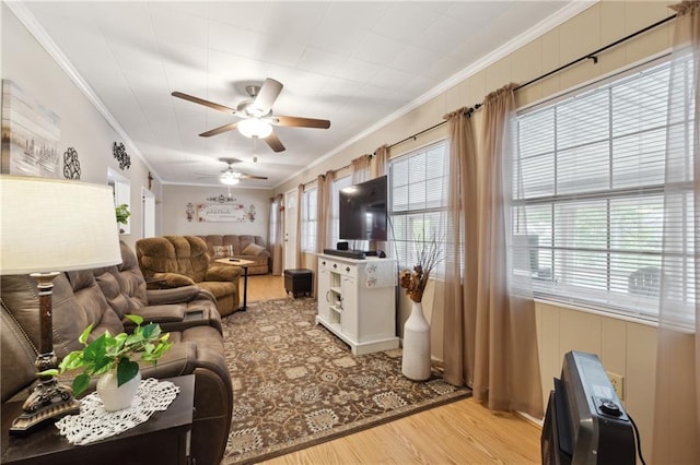 living room with light wood-type flooring, crown molding, and ceiling fan