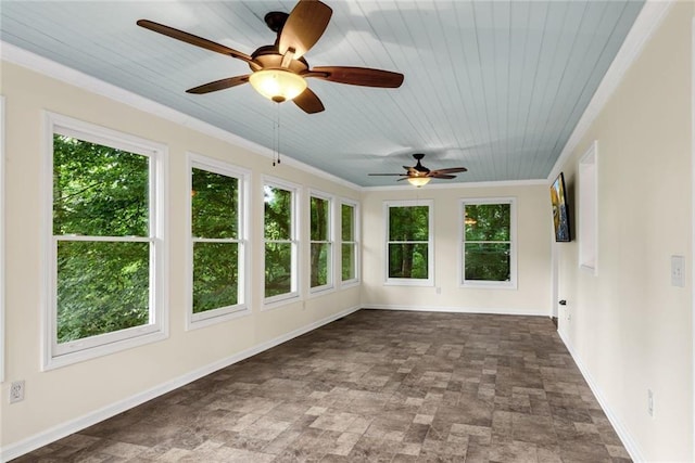 130 Wayne Wheeler Way, Woodstock, GA 30188 - unfurnished sunroom featuring plenty of natural light, stone finish floors, wooden ceiling, and crown molding