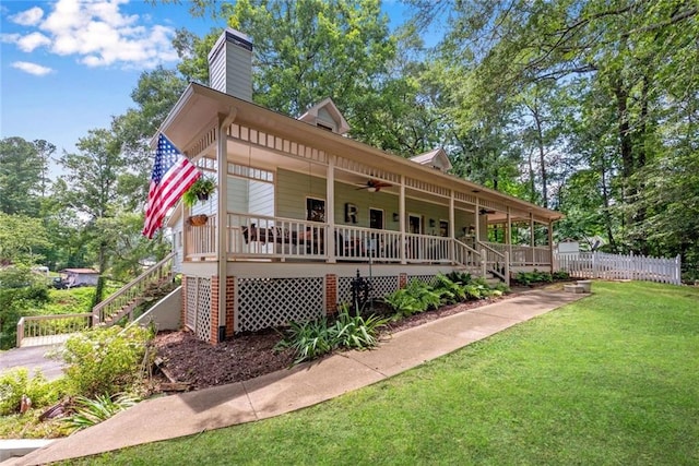 130 Wayne Wheeler Way, Woodstock, GA 30188 - view of front of property featuring stairs, ceiling fan, a porch, and a chimney