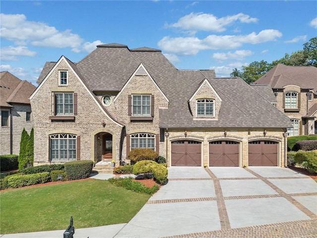 french country style house with a garage, a shingled roof, concrete driveway, and brick siding