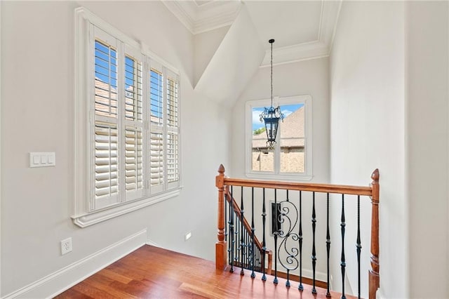 hall with crown molding, baseboards, wood finished floors, and an upstairs landing