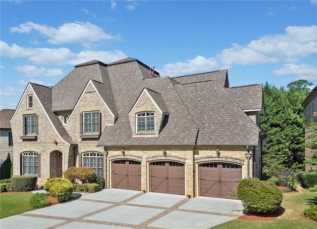 french country inspired facade with a garage, brick siding, driveway, and roof with shingles