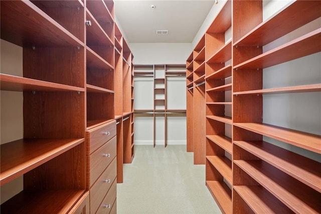 spacious closet featuring light colored carpet and visible vents