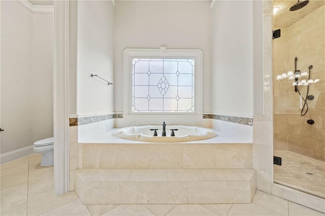 full bath with tile patterned flooring, a shower stall, toilet, and a bath