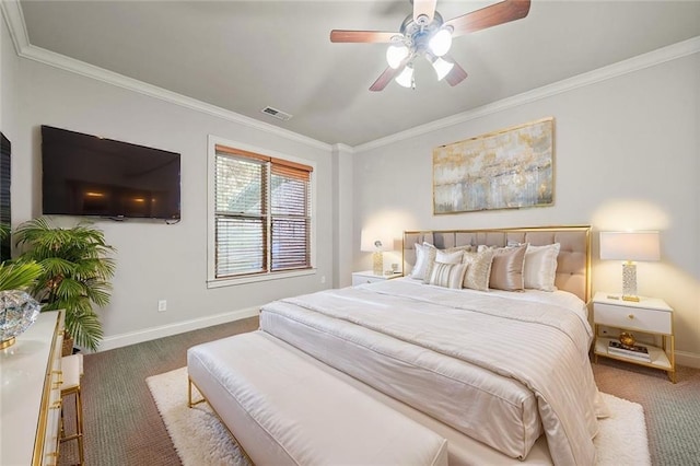 carpeted bedroom featuring ornamental molding, visible vents, and baseboards