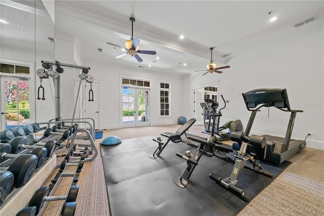 workout room featuring recessed lighting, french doors, visible vents, and baseboards