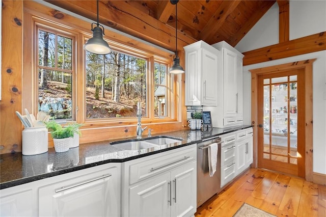 8850 Matt Hwy, Ball Ground, GA 30107 - kitchen featuring a sink, stainless steel dishwasher, light wood-type flooring, plenty of natural light, and wood ceiling