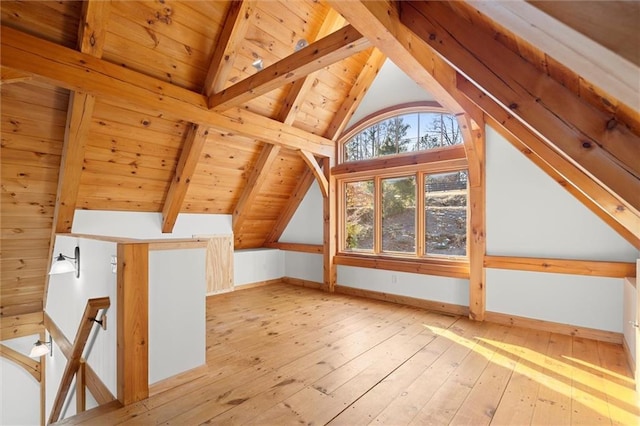 bonus room with light wood-type flooring and wood ceiling