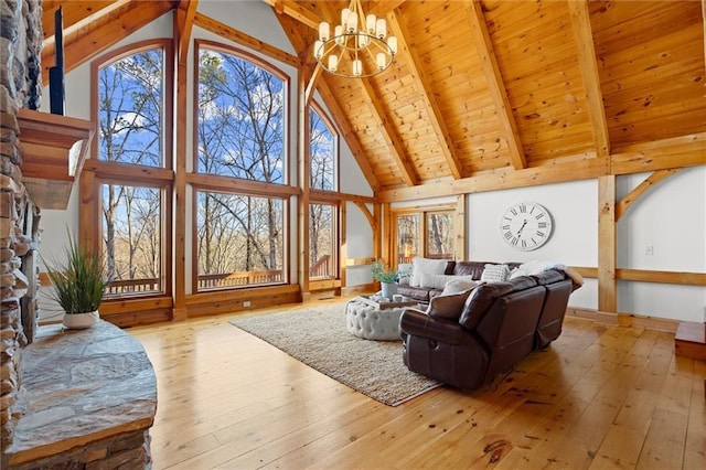 living area featuring high vaulted ceiling, a chandelier, beamed ceiling, hardwood / wood-style floors, and wooden ceiling