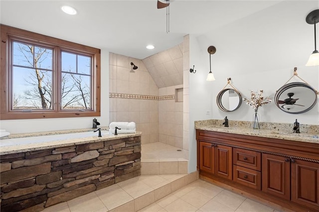 8850 Matt Hwy, Ball Ground, GA 30107 - bathroom with a garden tub, double vanity, a walk in shower, tile patterned flooring, and ceiling fan