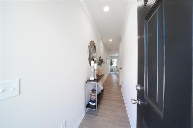 hallway featuring light hardwood / wood-style floors and crown molding