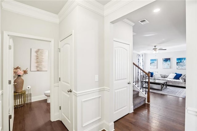 hallway with crown molding and dark hardwood / wood-style floors